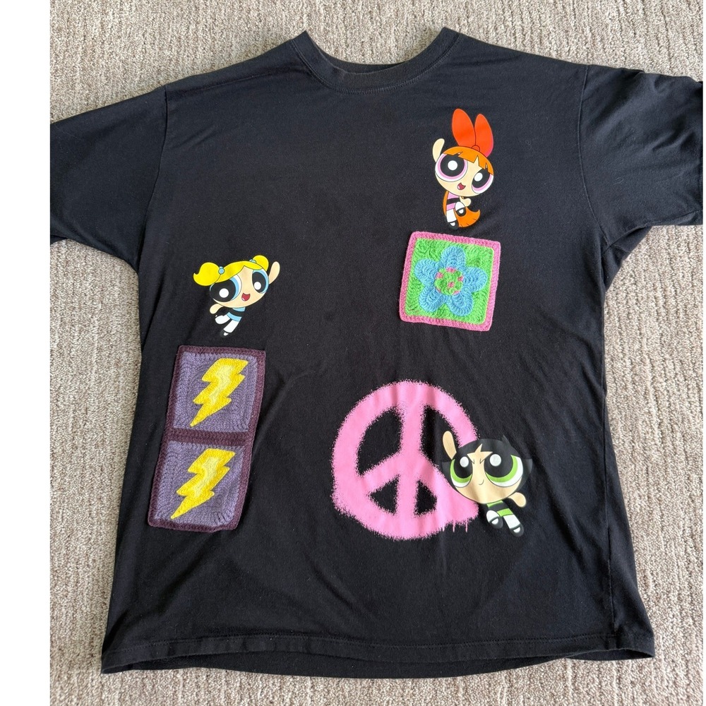 Powerpuff Girls Graphic Tee Black Crochet Patch Super Fierce Mojo Jojo Medium
